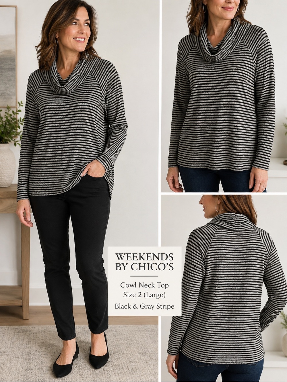 Weekends by Chico’s Cowl Neck Top Women’s Sz 2(L)Black Gray Striped Long Sleeve